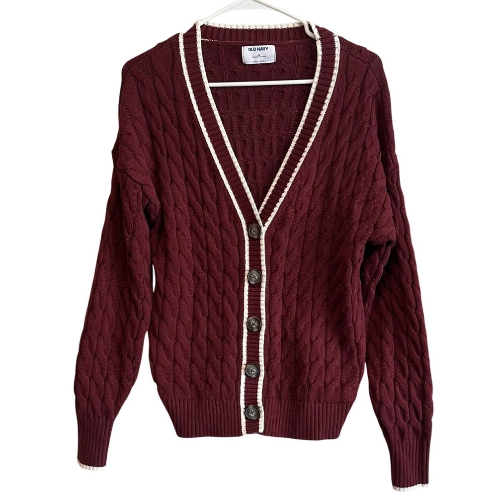 Old Navy Varsity Cable Cardigan Women XS Clove Burgundy Button Front Sweater